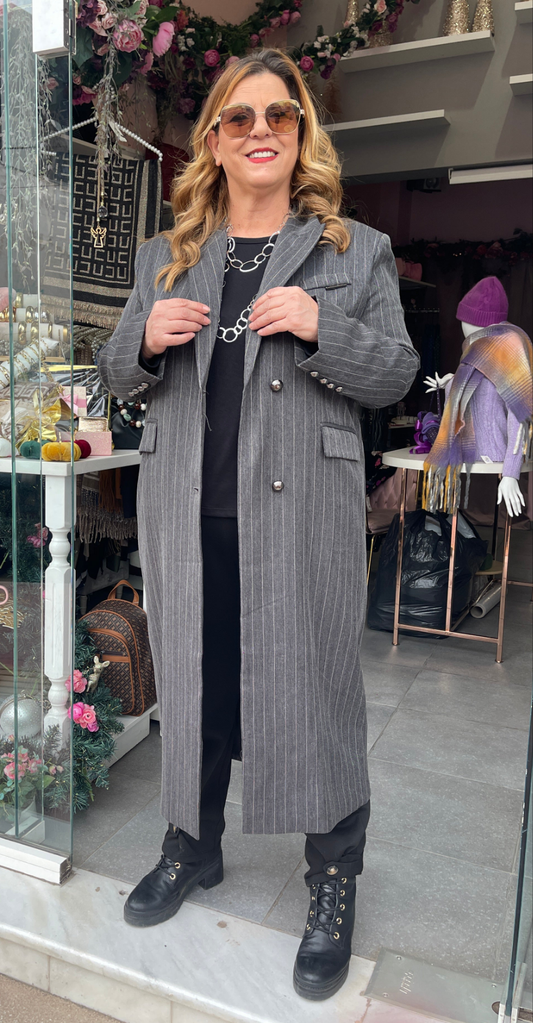 Παλτό Oversize Gray με λεπτές κάθετες ρίγες