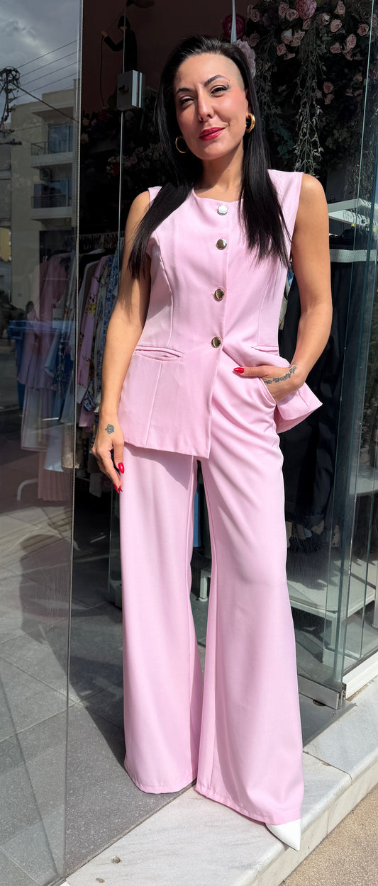 Σετ ροζ γιλέκο με κουμπια και παντελόνι-2