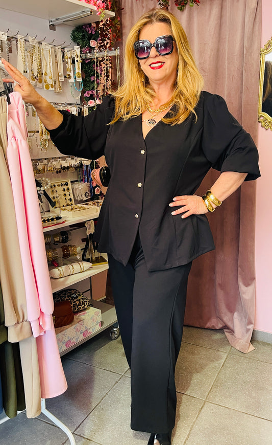 Κομψό Γυναικείο Σετ με Σακάκι και Παντελόνι Μαύρο-1