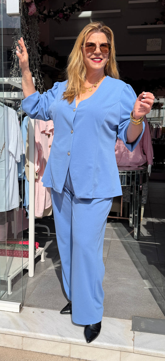 Κομψό Γυναικείο Σετ με Σακάκι και Παντελόνι Γαλάζιο-3