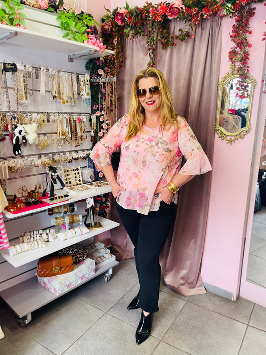 Ροζ Μπλούζα με Φλοράλ Σχέδιο και Μανίκια Καμπάνα – Κομψό Γυναικείο Top -2