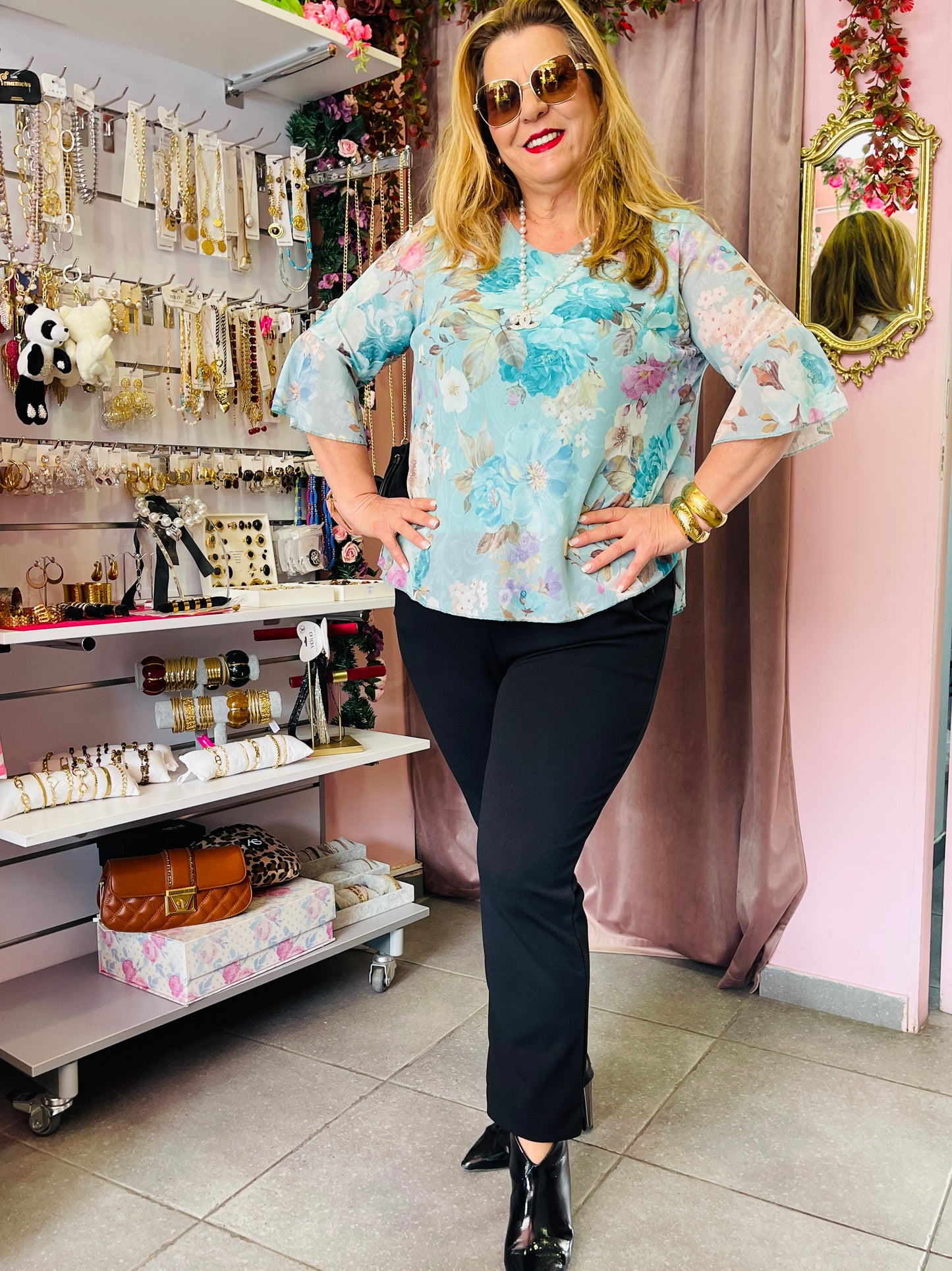 Aqua Μπλούζα με Φλοράλ Σχέδιο και Μανίκια Καμπάνα – Κομψό Γυναικείο Top -3