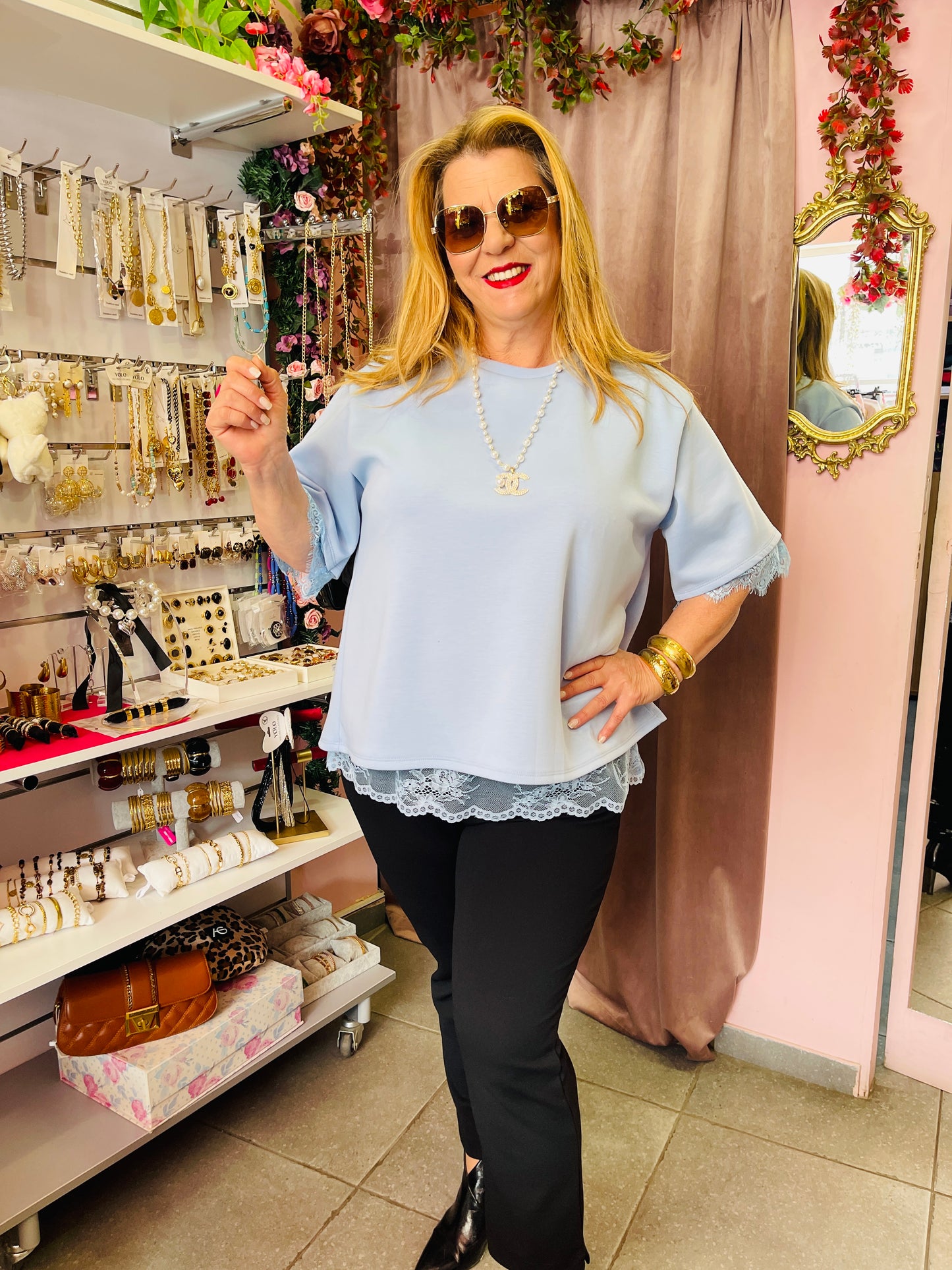 Μπλούζα με Δαντέλα & Ανοιχτή Πλάτη Γαλάζιο-3