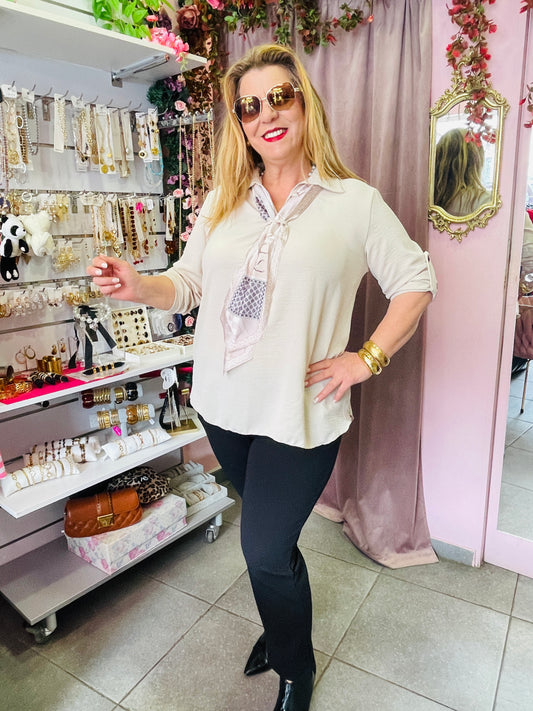 Κομψή Γυναικεία Μπλούζα με Φουλάρι – Μοντέρνο Top Μπεζ-1