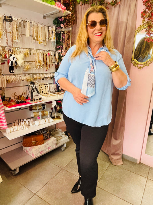 Κομψή Γυναικεία Μπλούζα με Φουλάρι – Μοντέρνο Top Γαλάζιο-5