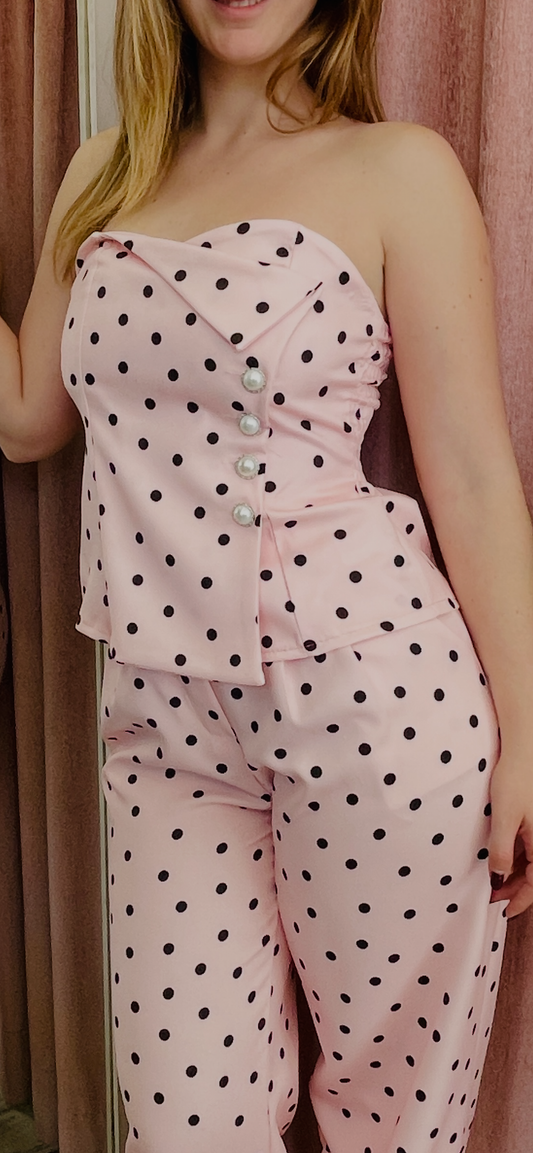 Γυναικείο Σετ Πουά με Strapless Top & Παντελόνι Ροζ-1