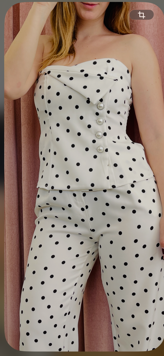 Γυναικείο Σετ Πουά με Strapless Top & Παντελόνι Ασπρο-2