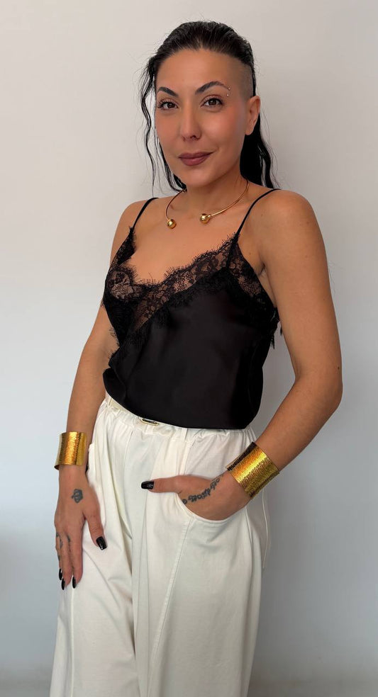 Γυναικείο Satin Top με Δαντέλα Μαύρο-2