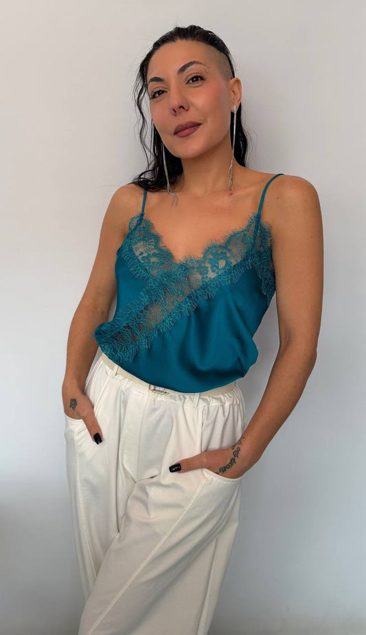 Γυναικείο Satin Top με Δαντέλα Πετρολ-5
