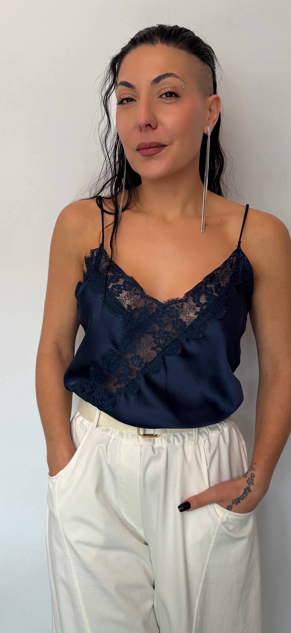 Γυναικείο Satin Top με Δαντέλα Σκούρο μπλε-6