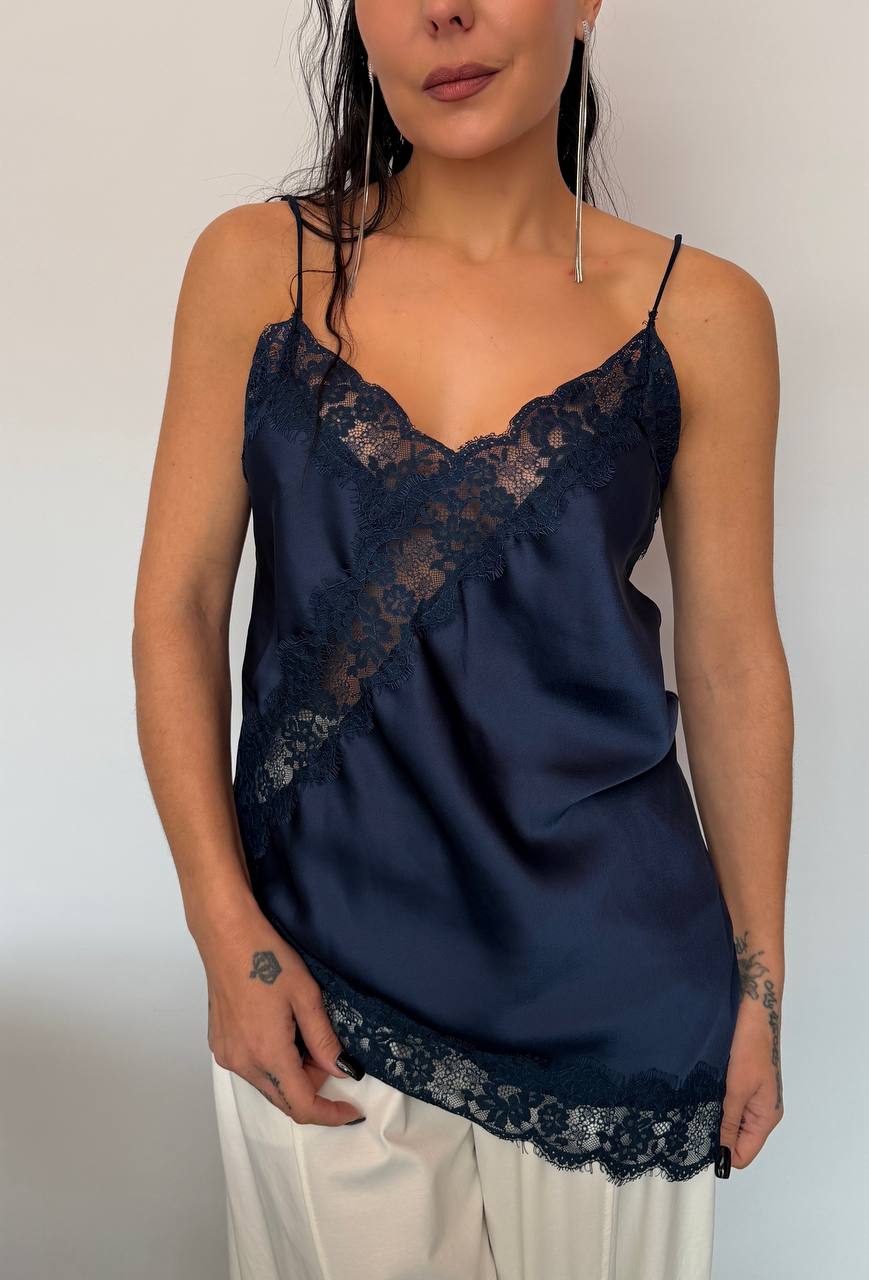Γυναικείο Satin Top με Δαντέλα Σκούρο μπλε-6