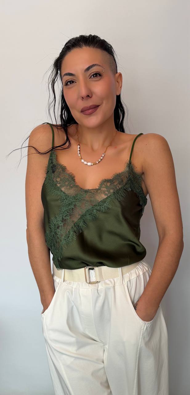 Γυναικείο Satin Top με Δαντέλα Πράσινο-7