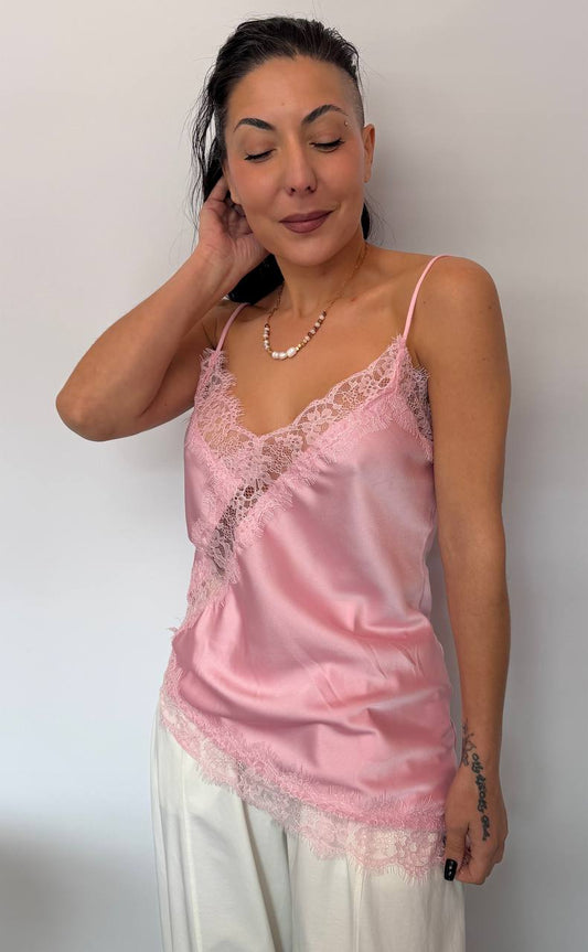 Γυναικείο Satin Top με Δαντέλα Ροζ-8
