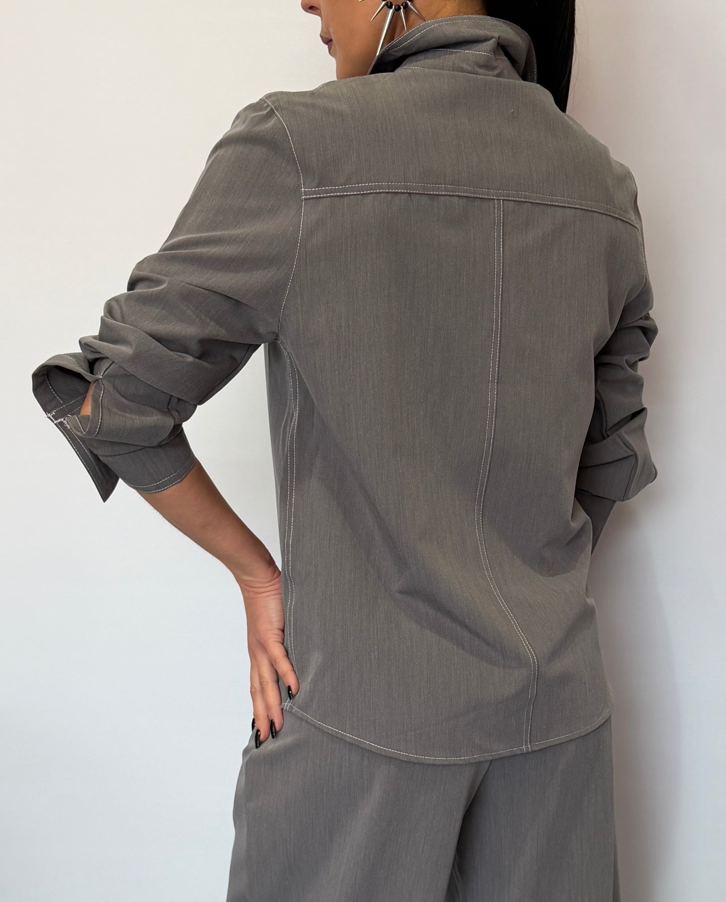 Γυναικείο Πουκάμισο με Διακοσμητικά Κουμπιά Γκρι-1