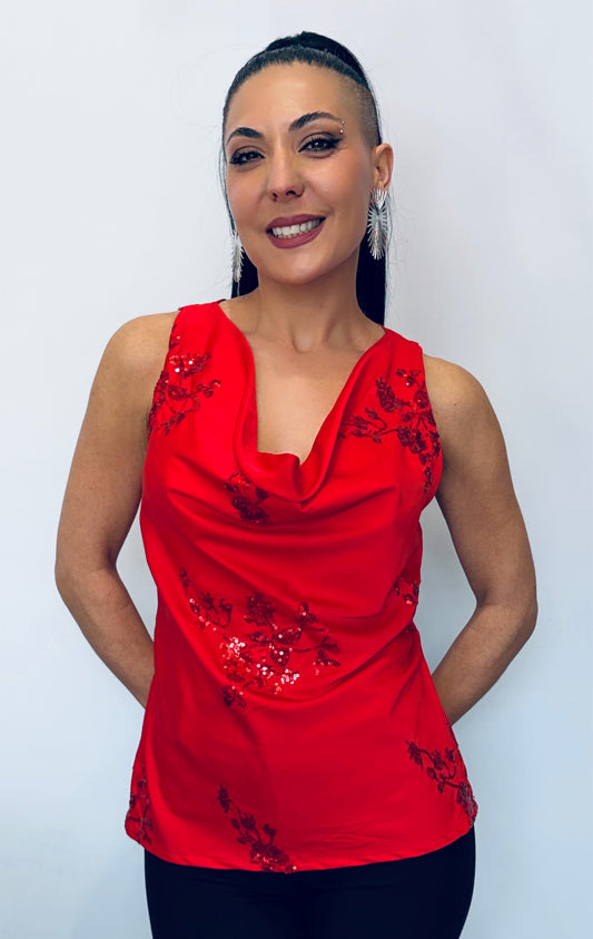 Γυναικείο Top με Διακοσμητικές Λεπτομέρειες & Ντραπέ Λαιμόκοψη Κόκκινο-6