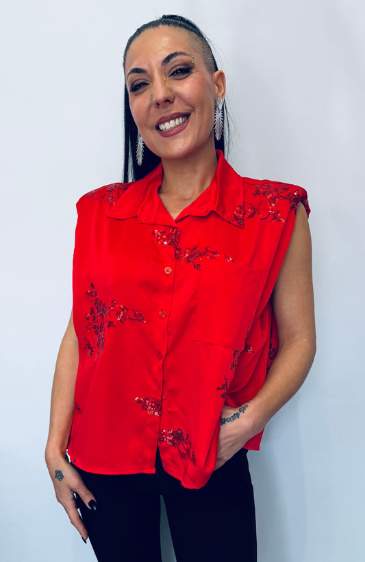 Γυναικείο Αμάνικο Πουκάμισο με Διακοσμητικές Παγιέτες Κόκκινο-1