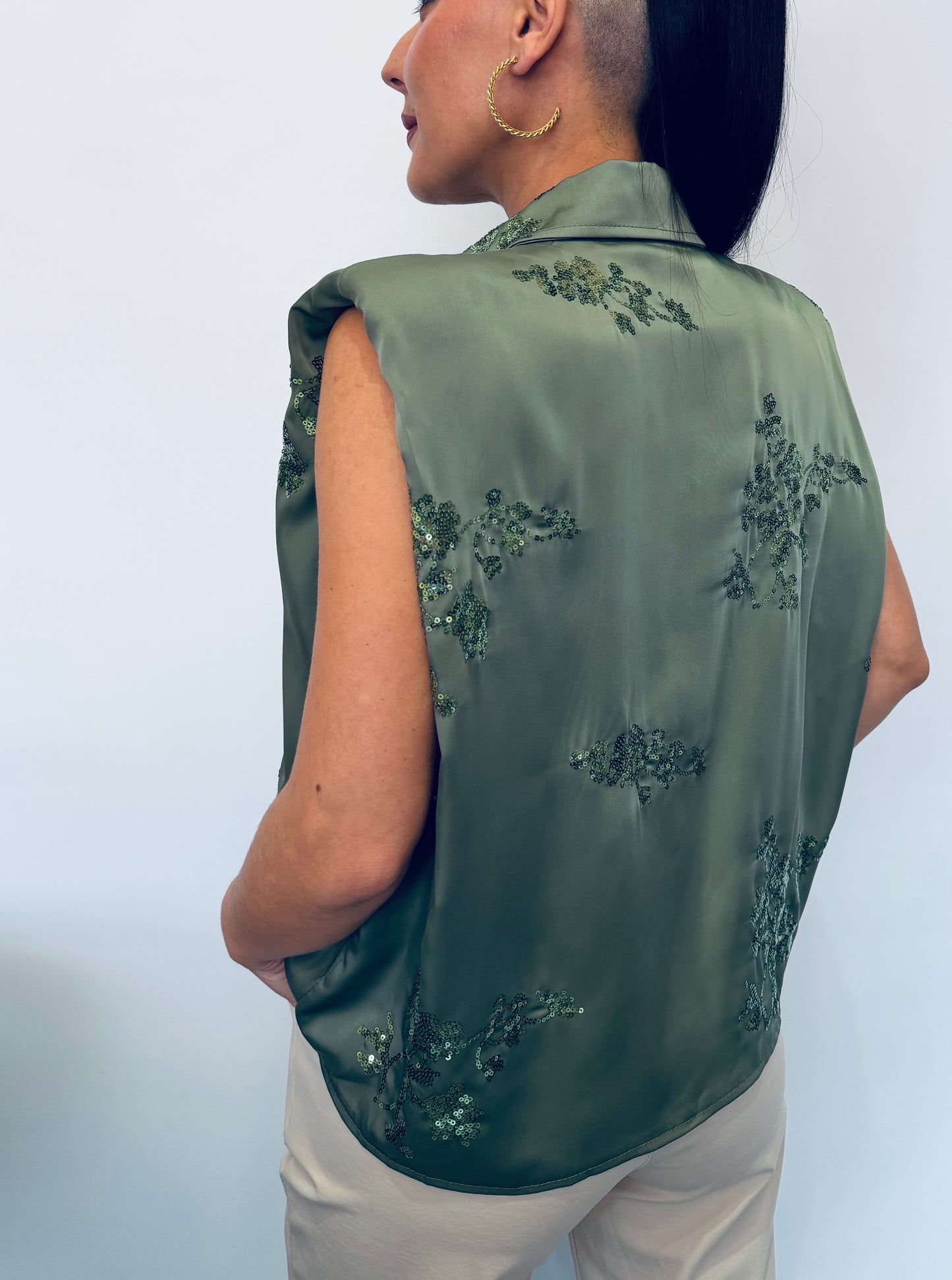 Γυναικείο Αμάνικο Πουκάμισο με Διακοσμητικές Παγιέτες Πράσινο-2