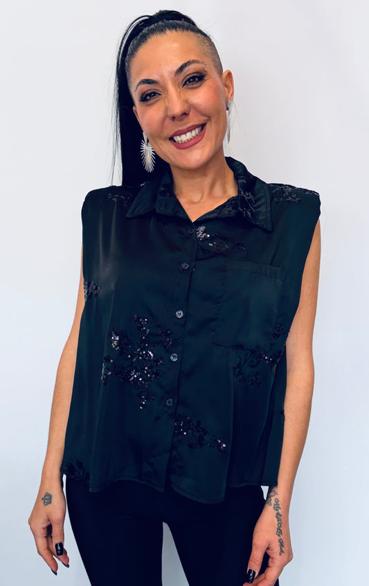 Γυναικείο Αμάνικο Πουκάμισο με Διακοσμητικές Παγιέτες Μαύρο-3