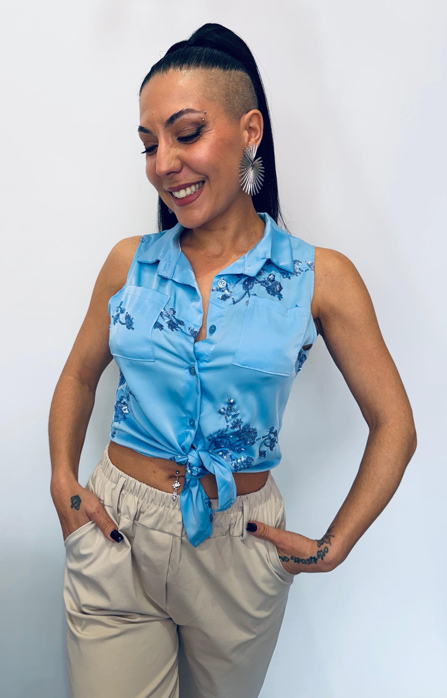 Γυναικείο Αμάνικο Πουκάμισο Crop με Δέσιμο & Παγιέτες Γαλάζιο-1