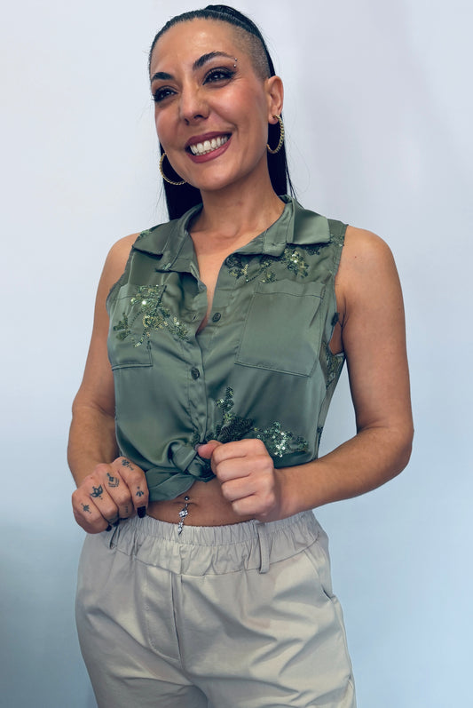 Γυναικείο Αμάνικο Πουκάμισο Crop με Δέσιμο & Παγιέτες Πράσινο-2