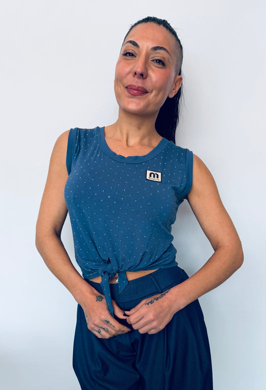 Γυναικείο Crop Top με Δέσιμο & Διακριτικά Strass μπλε-1