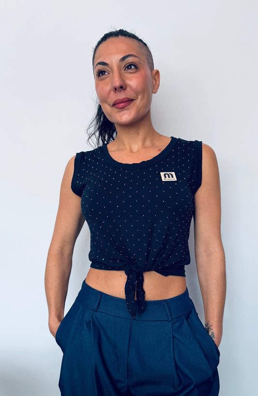 Γυναικείο Crop Top με Δέσιμο & Διακριτικά Strass Σκούρο Μπλε-4