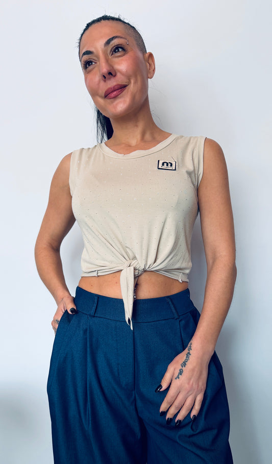 Γυναικείο Crop Top με Δέσιμο & Διακριτικά Strass Κρεμ-5