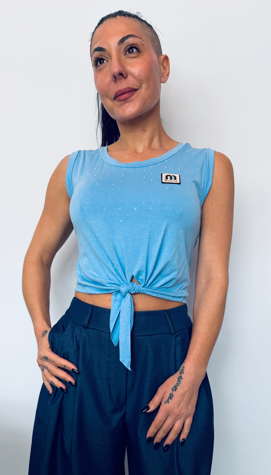 Γυναικείο Crop Top με Δέσιμο & Διακριτικά Strass Γαλάζιο-6