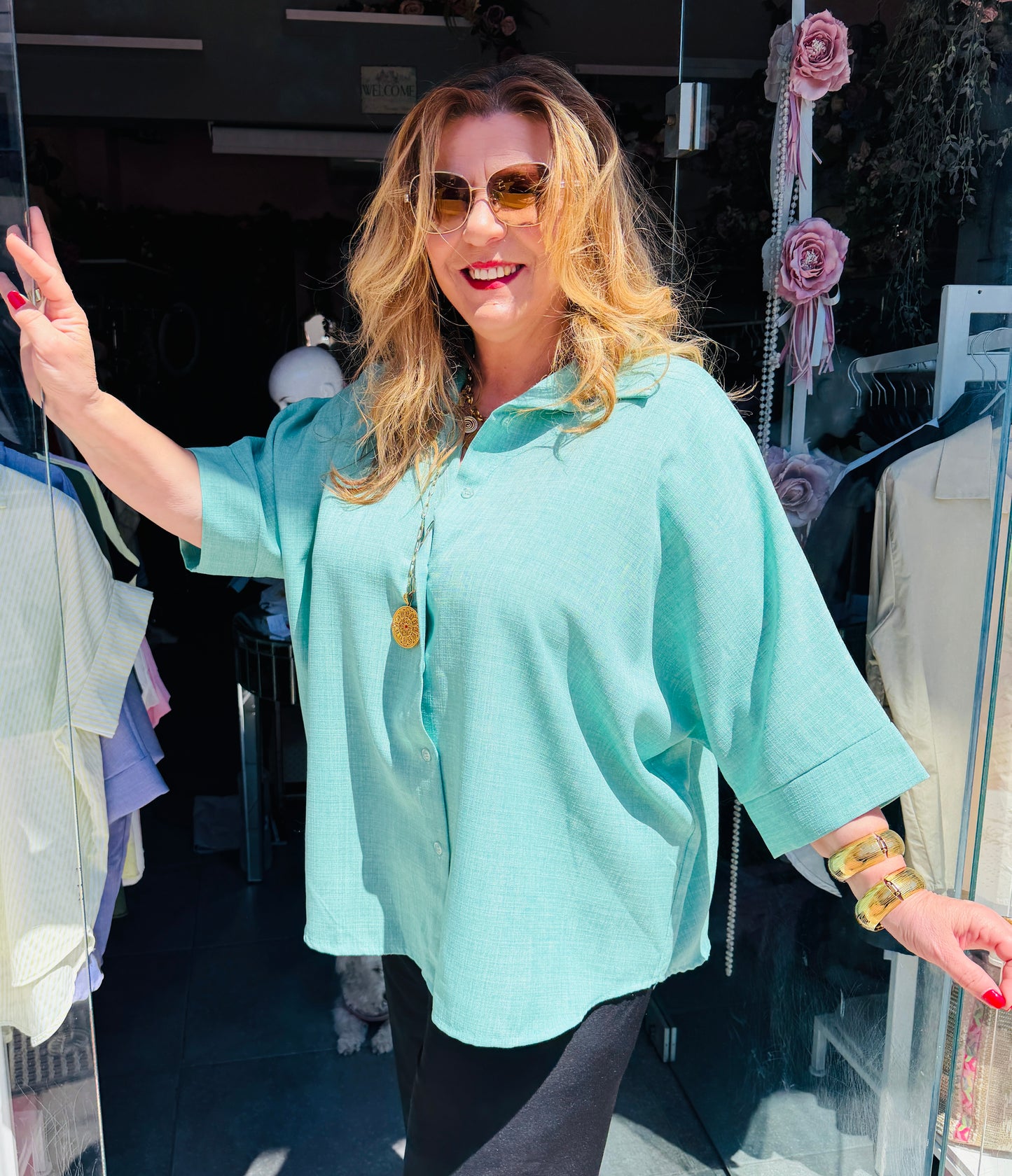 Ανοιχτό πράσινο Πουκάμισο Λινό Look με Ρεβέρ Μανίκι & Κουφόπιετα-4