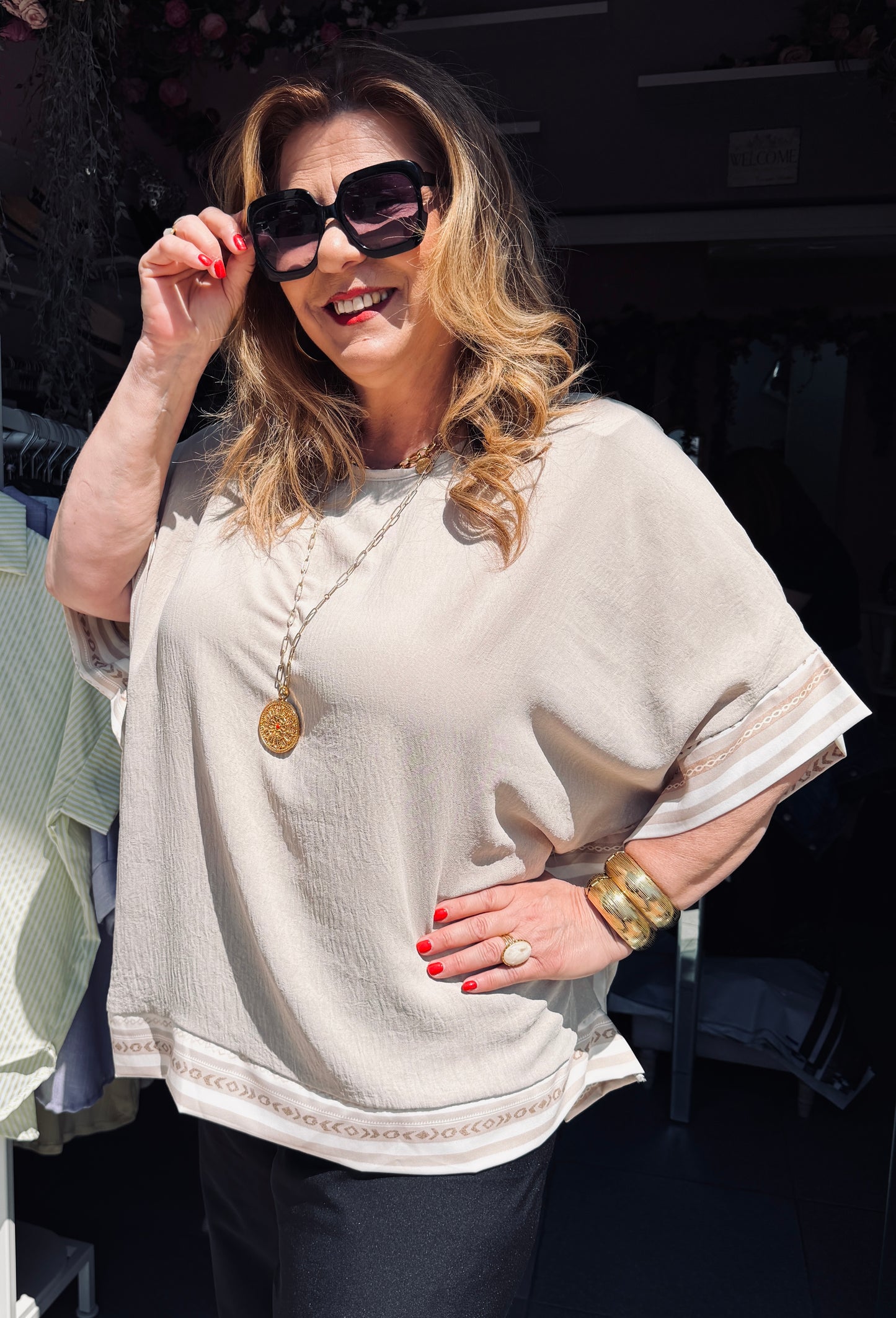 Μπεζ Boho Μπλούζα Kimono με Διακοσμητικές Λεπτομέρειες-5