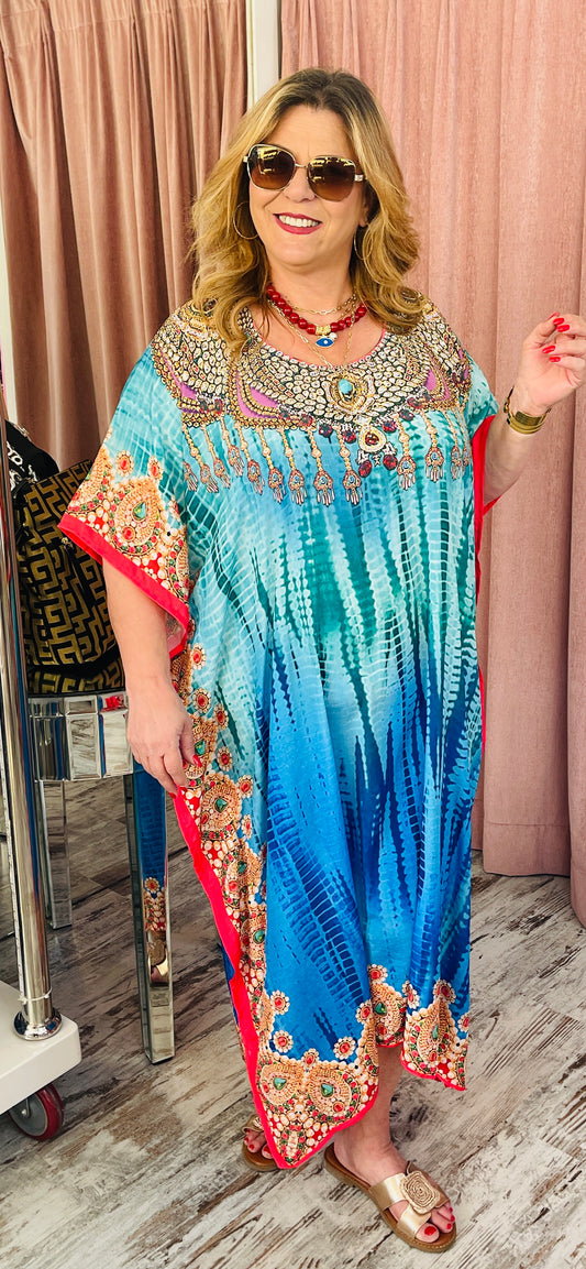 Καφτάνι Silk Crepe με Στρασάκια Μπλε Κόκκινο-1