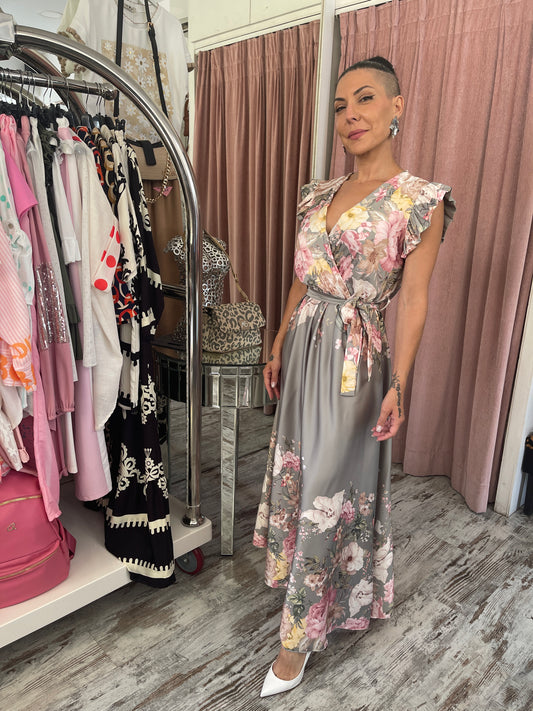 Σατέν Φλοράλ Κρουαζέ Φόρεμα με Ζώνη & Βολάν Μέντα-3