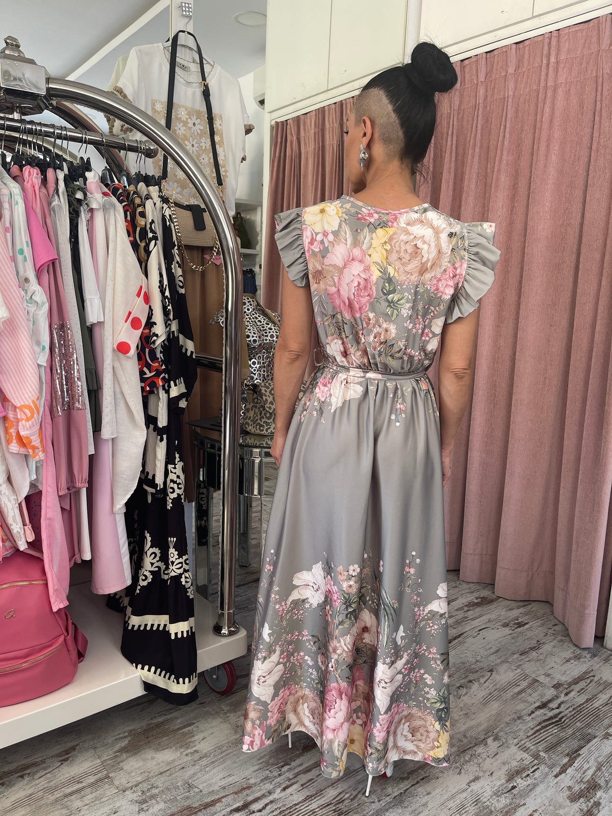 Satin Floral A-Line Dress with Belt &amp; Ruffles Mint-3