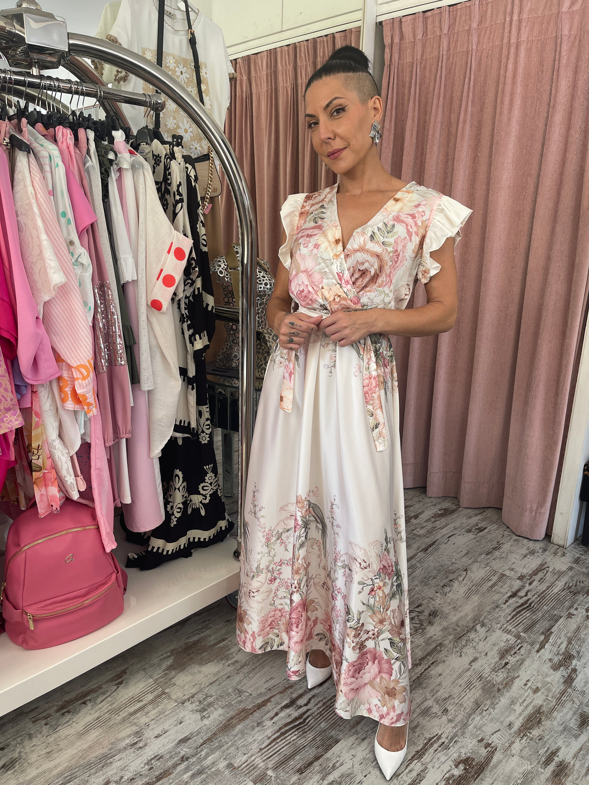Satin Floral A-Line Dress with Belt &amp; Ruffles Beige-2