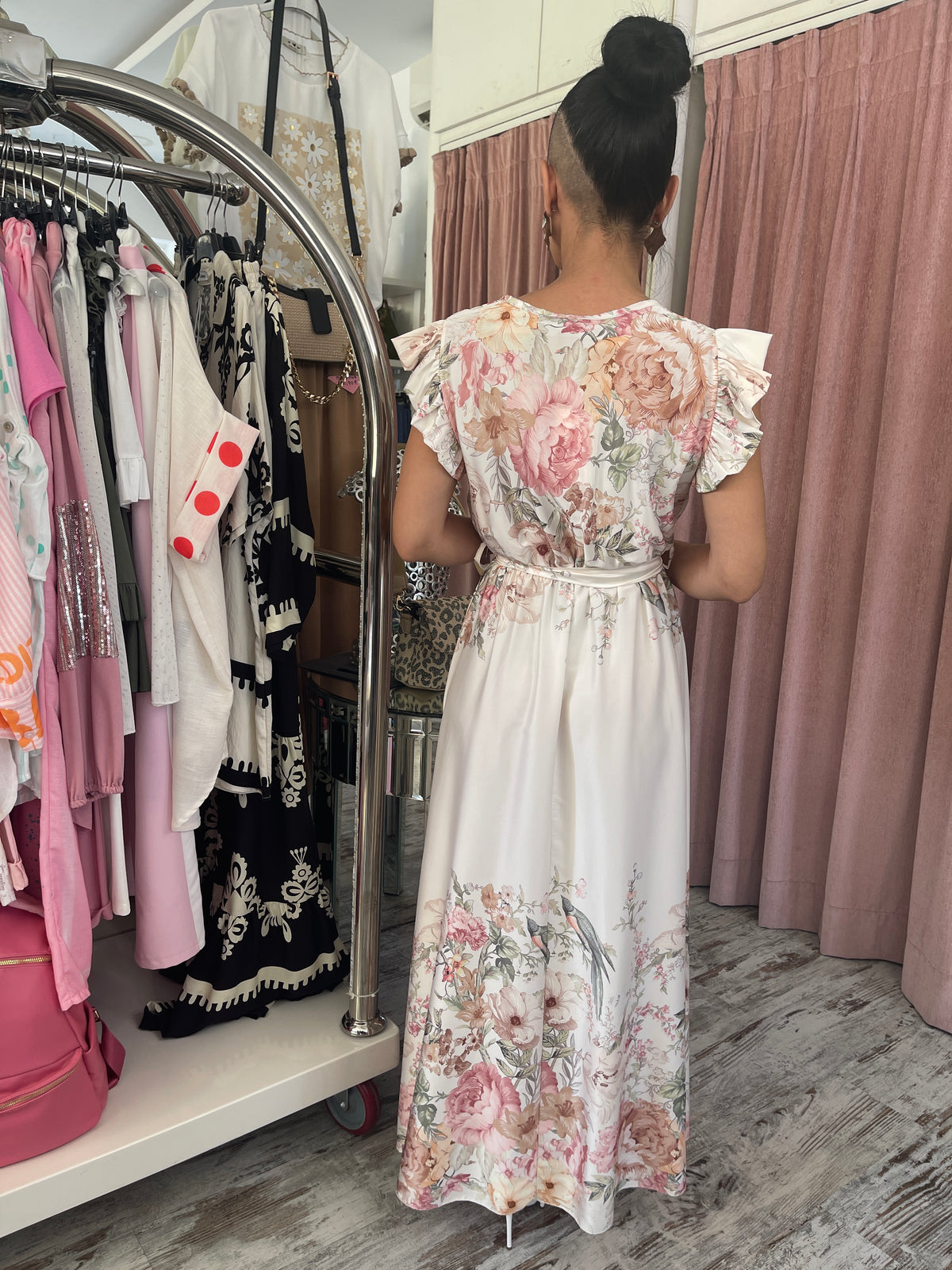 Satin Floral A-Line Dress with Belt &amp; Ruffles Beige-2