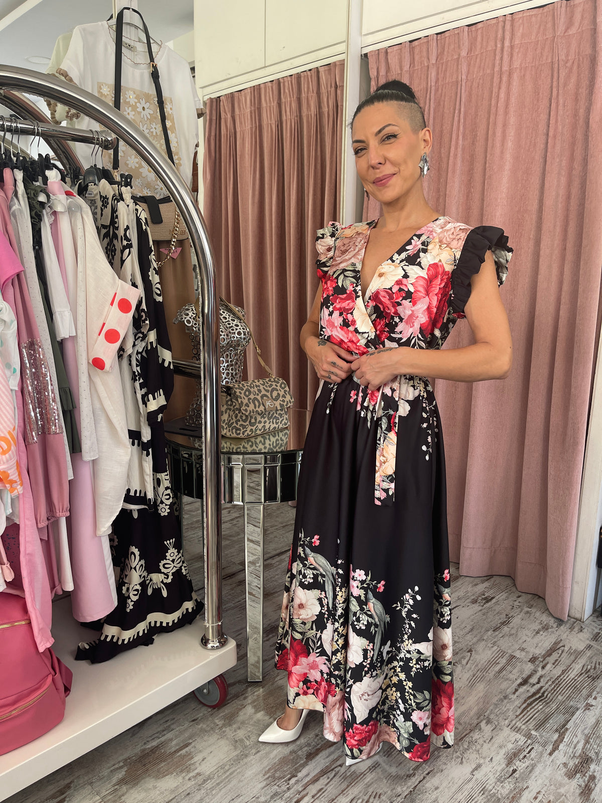 Satin Floral A-Line Dress with Belt &amp; Ruffles Black-1