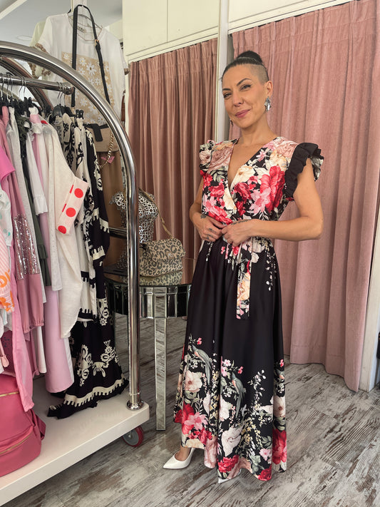 Σατέν Φλοράλ Κρουαζέ Φόρεμα με Ζώνη & Βολάν Μαύρο-1