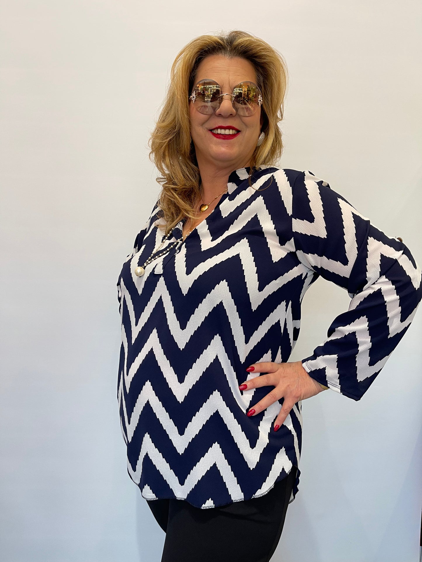 Μπλούζα με Γιακα Μάο, Κουμπάκια και Τρουακάρ Μανίκι Μπλε άσπρο ζιγκ ζαγκ