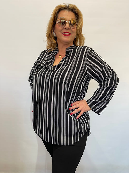 Μπλούζα με Γιακα Μάο, Κουμπάκια και Τρουακάρ Μανίκι Μαύρο άσπρο φαρδιά ρίγα