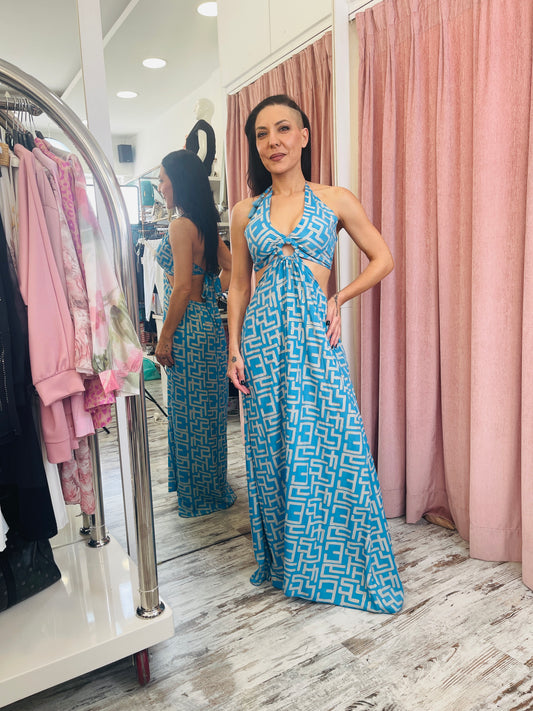 Καλοκαιρινό Φόρεμα με Ανοίγματα & Ιδιαίτερο Ντεσέν Γαλάζιο-3