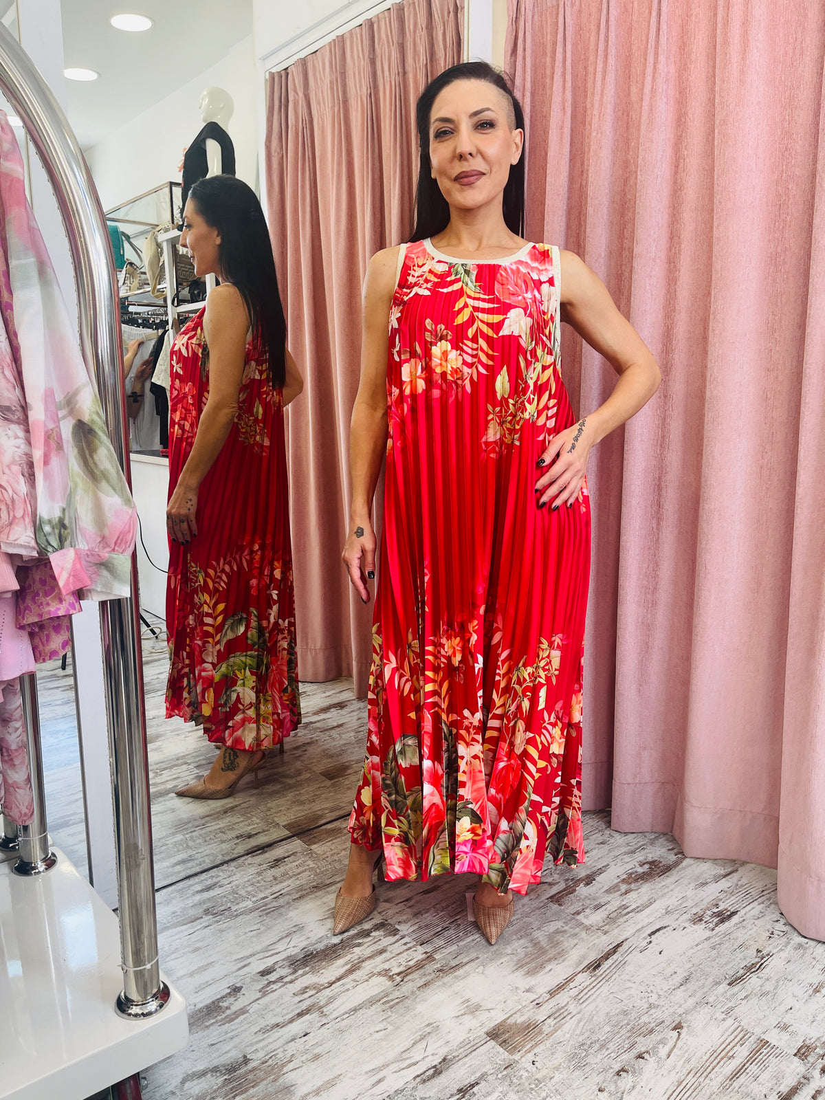 Floral Pleated Dress Red-3
