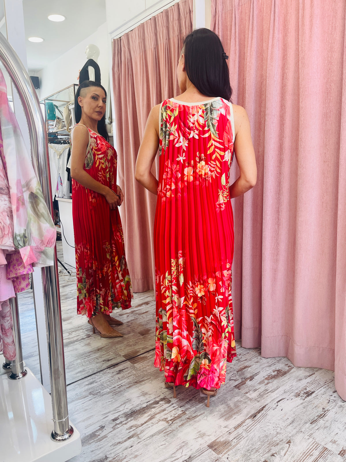 Floral Pleated Dress Red-3