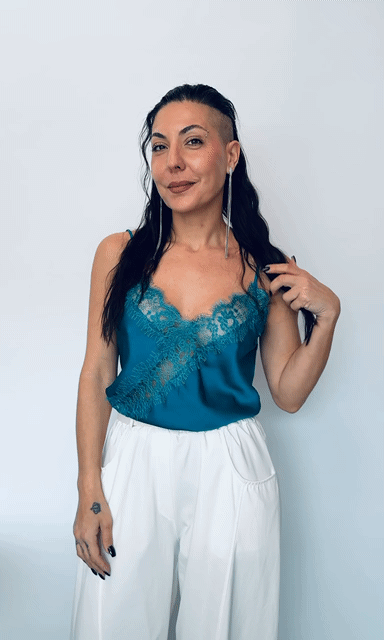 Γυναικείο Satin Top με Δαντέλα Πετρολ-5
