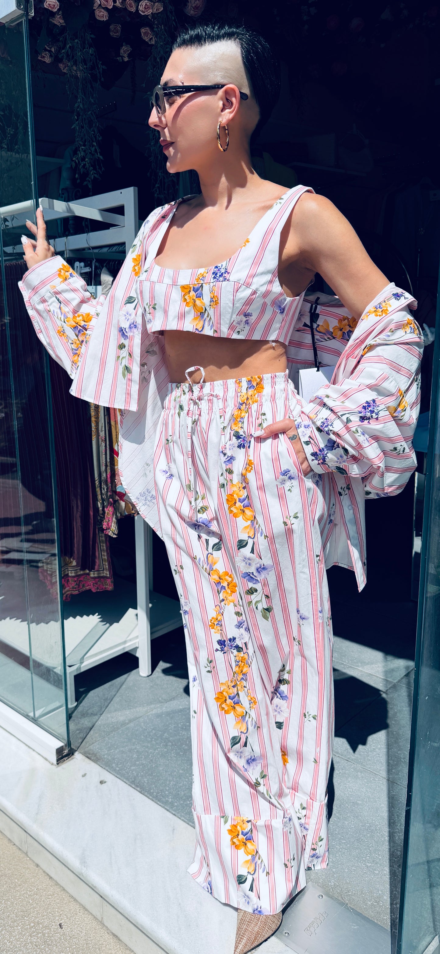 Σετ LUMINA 3 Τεμαχίων Ροζ Ριγέ Floral – Πουκάμισο, Top & Παντελόνι-1
