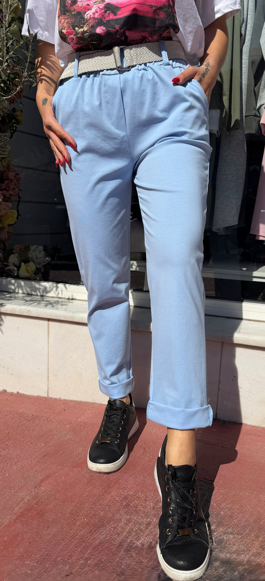 Παντελόνι γαλάζιο ψηλομεσο με δικη του πλεκτη ζώνη  -5