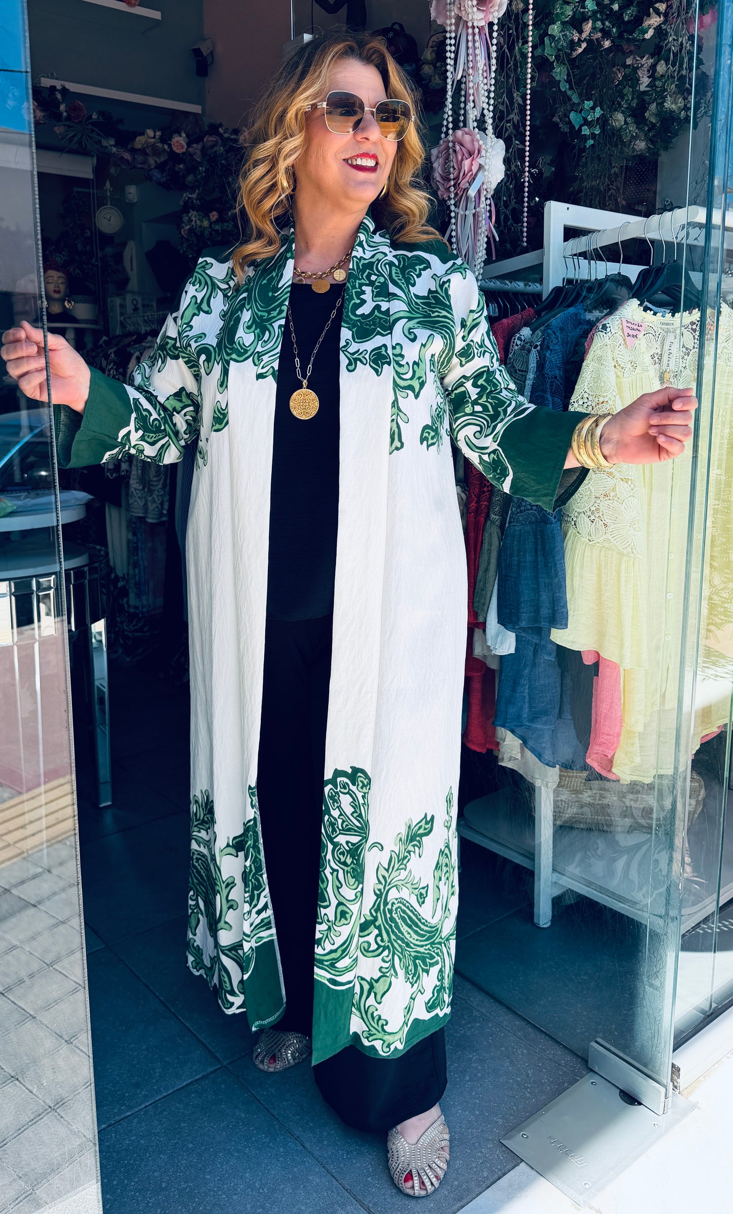 Μακρύ Κιμονό με Baroque Σχέδιο & Ζωνάκι Plus Size Καφέ-2