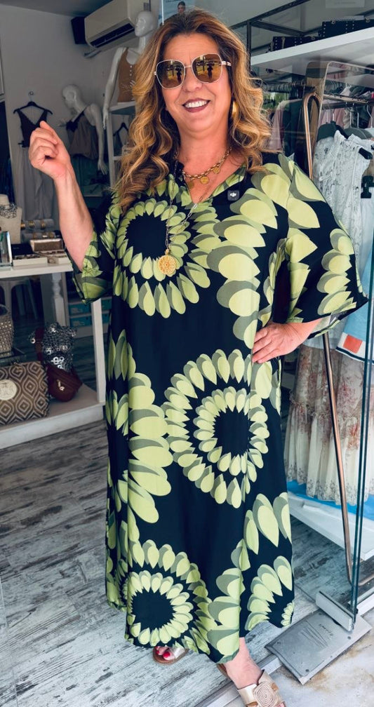 Maxi Καφτάνι Satin Look Μαύρο με Πράσινο Print-1