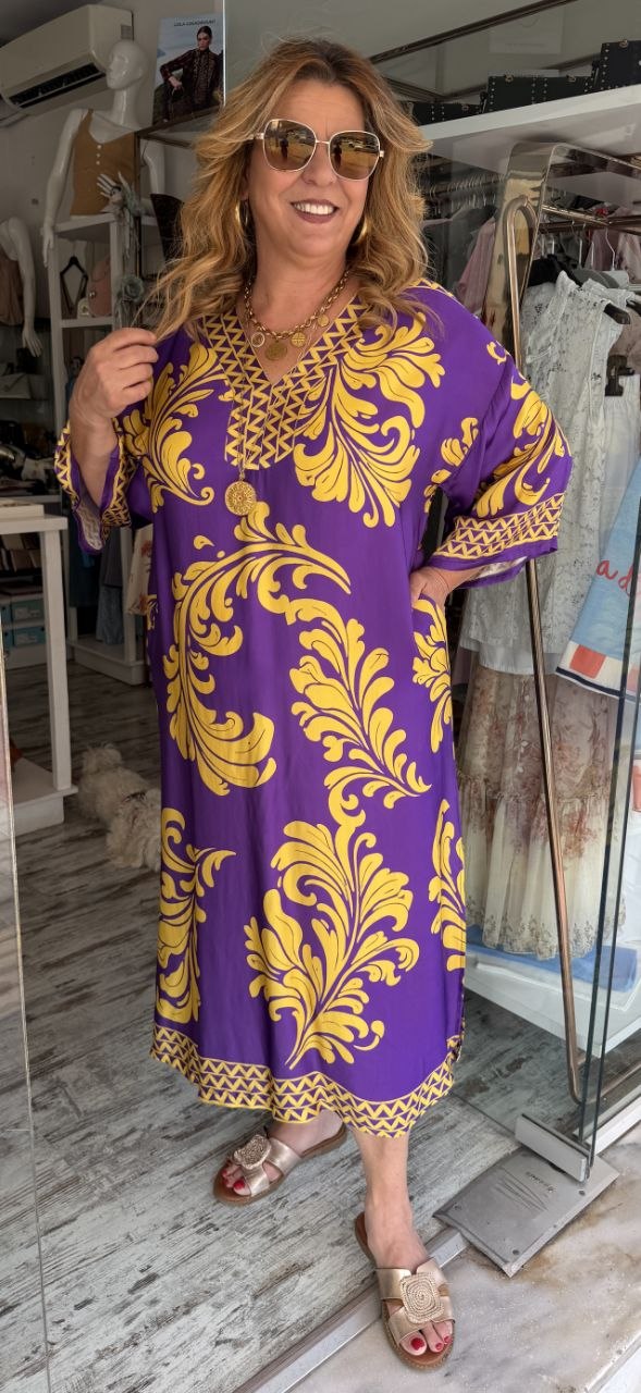 Maxi Καφτάνι Satin Look με V Λαιμόκοψη Μπλε με Μοβ Κιτρινο - 5