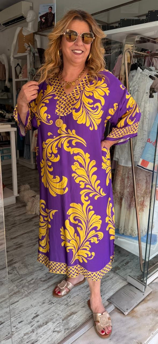 Maxi Καφτάνι Satin Look με V Λαιμόκοψη Μπλε με Μοβ Κιτρινο - 5
