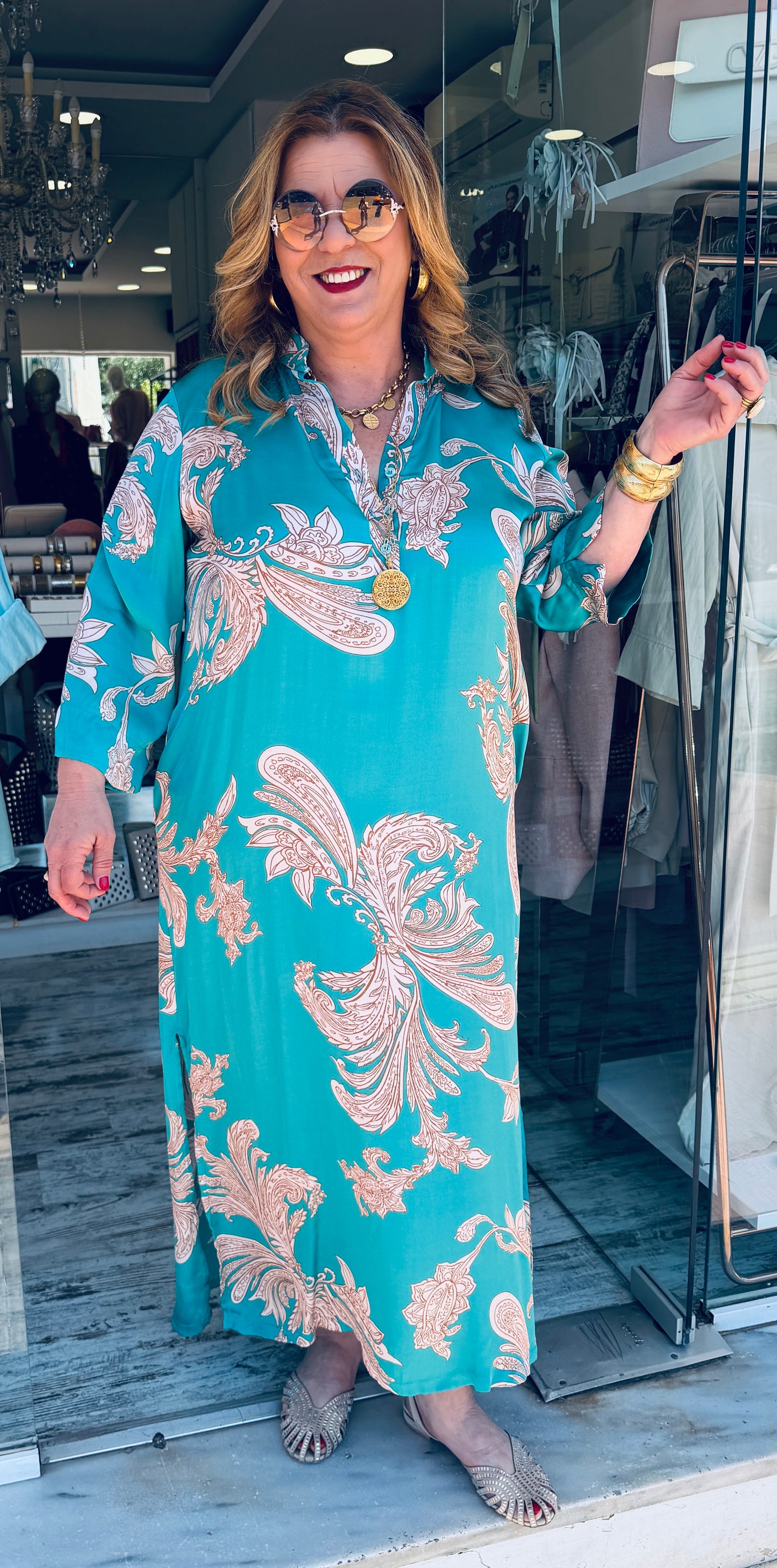 Maxi Καφτάνι Satin Look με Σχέδια “ΛΑΧΟΥΡΙΑ” Τυρκουαζ με μπεζ-4